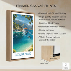 Framed Catalina Island travel poster print with float frame, coastal art, blue ocean, boats