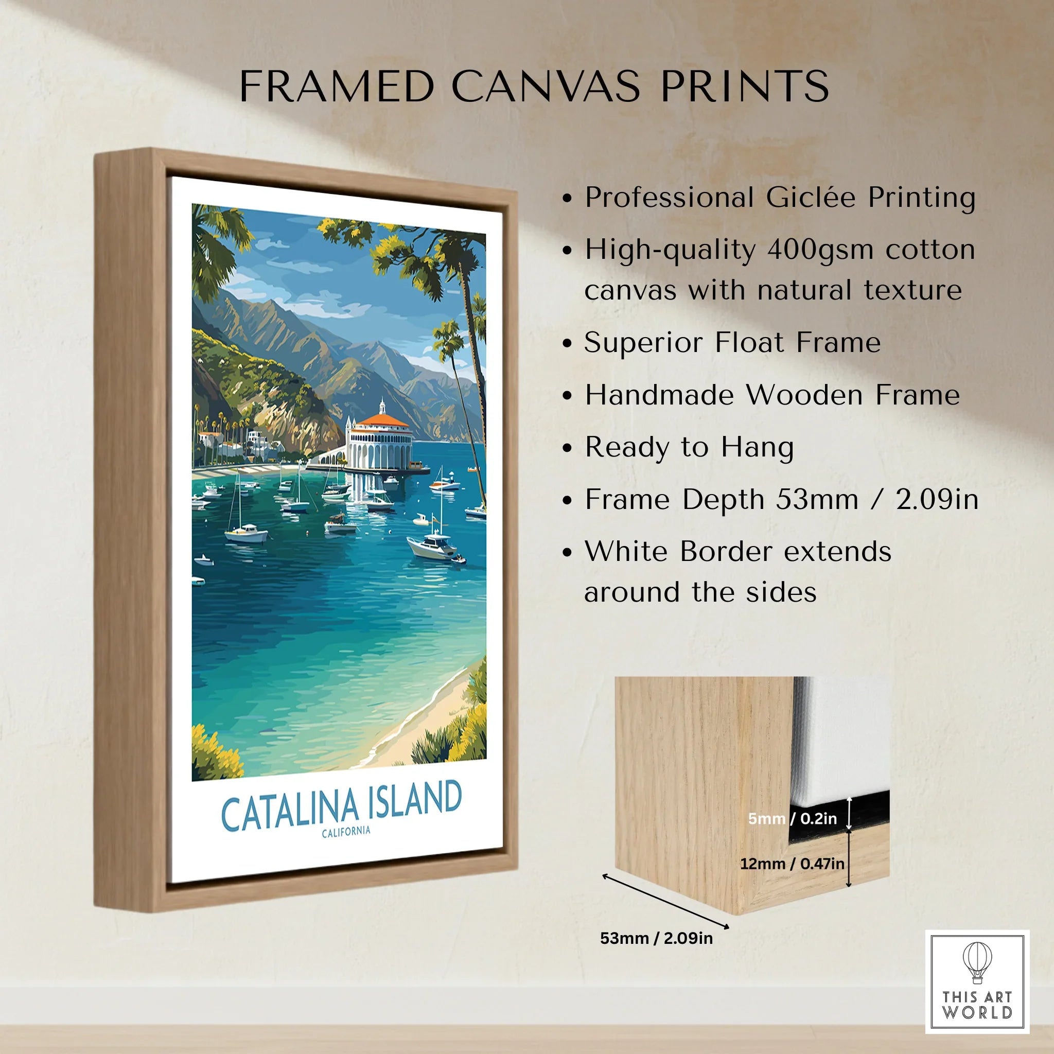 Framed Catalina Island travel poster print with float frame, coastal art, blue ocean, boats
