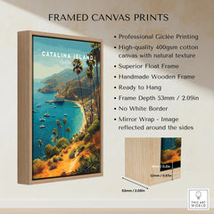 Framed Catalina Island travel poster in float frame, vibrant coastal wall art decor