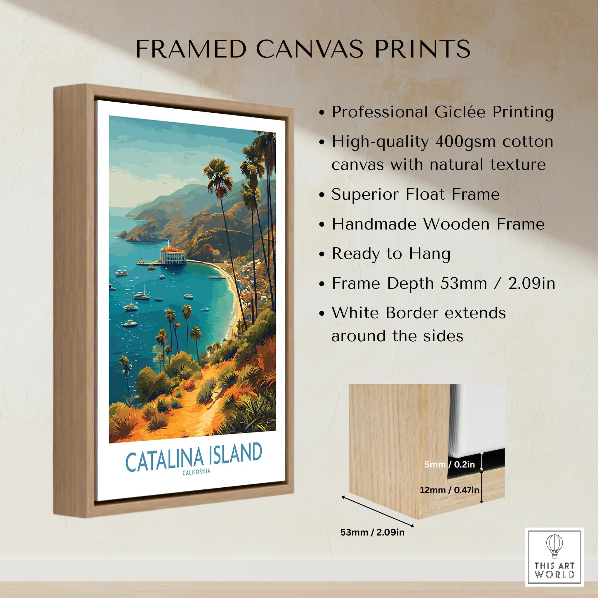 Catalina Island travel poster in a handmade wooden float frame, coastal wall art