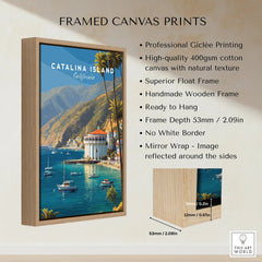 Framed Catalina Island travel poster canvas print with float frame and wood texture details