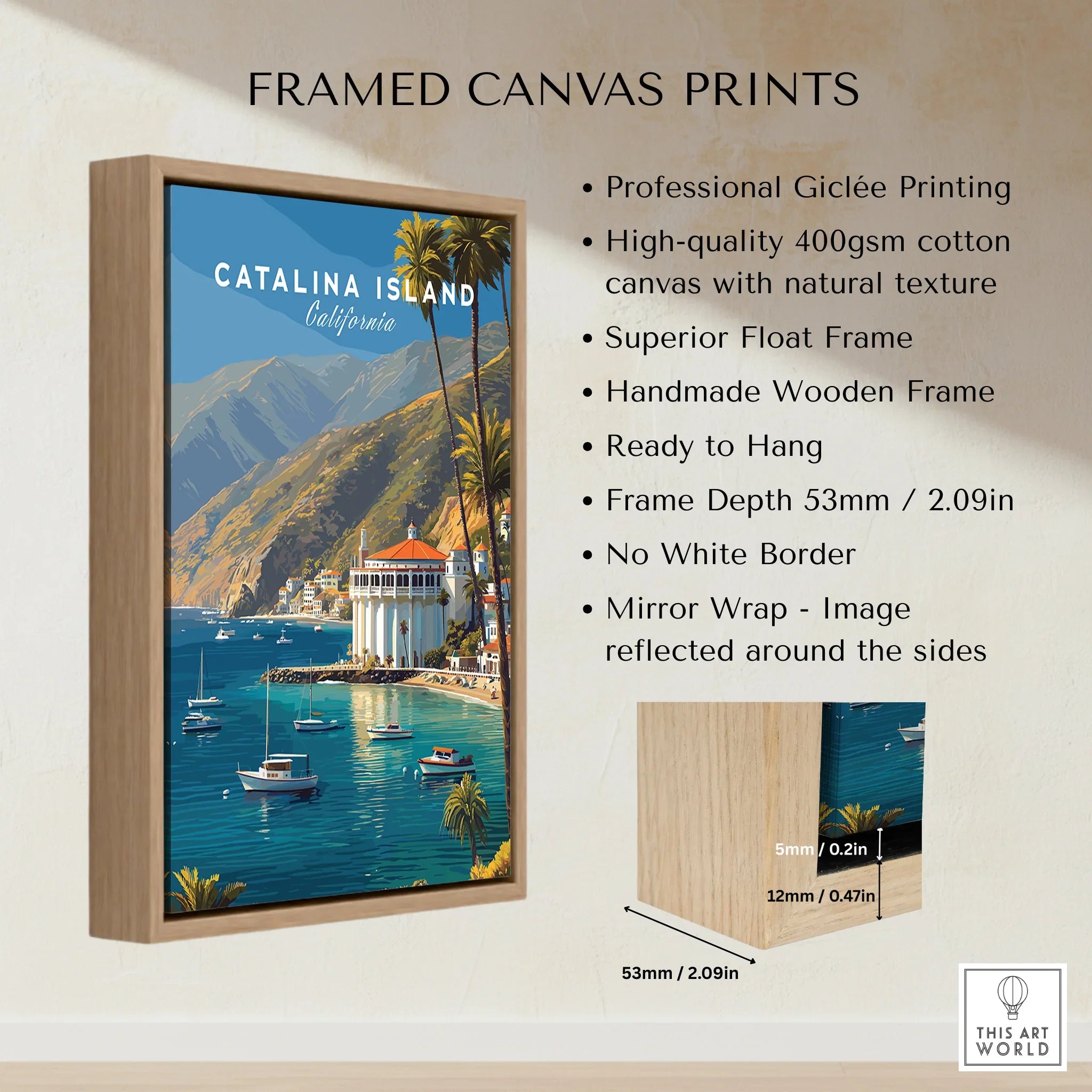 Framed Catalina Island travel poster canvas print with float frame and wood texture details