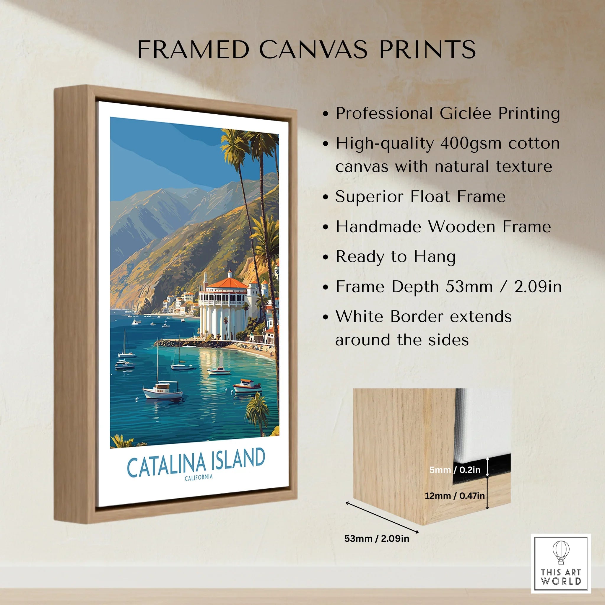 Catalina Island California framed canvas print with float frame and coastal wall art details.