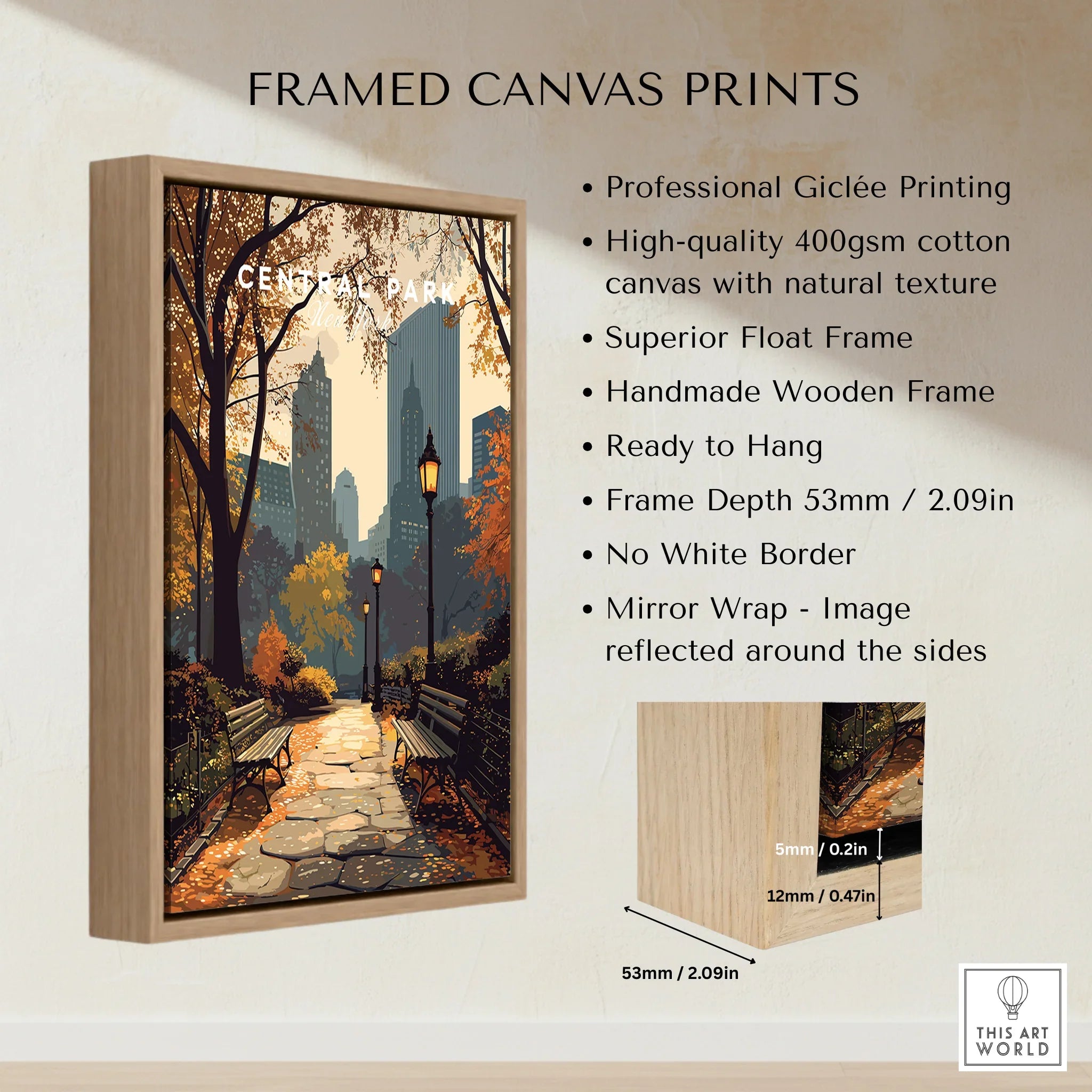 Framed Central Park canvas print with wooden float frame, city skyline, and autumn park scene