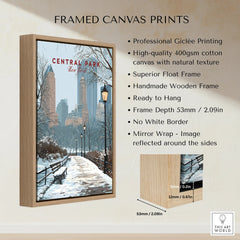 Framed canvas print of Central Park winter scene with skyline, float frame details displayed