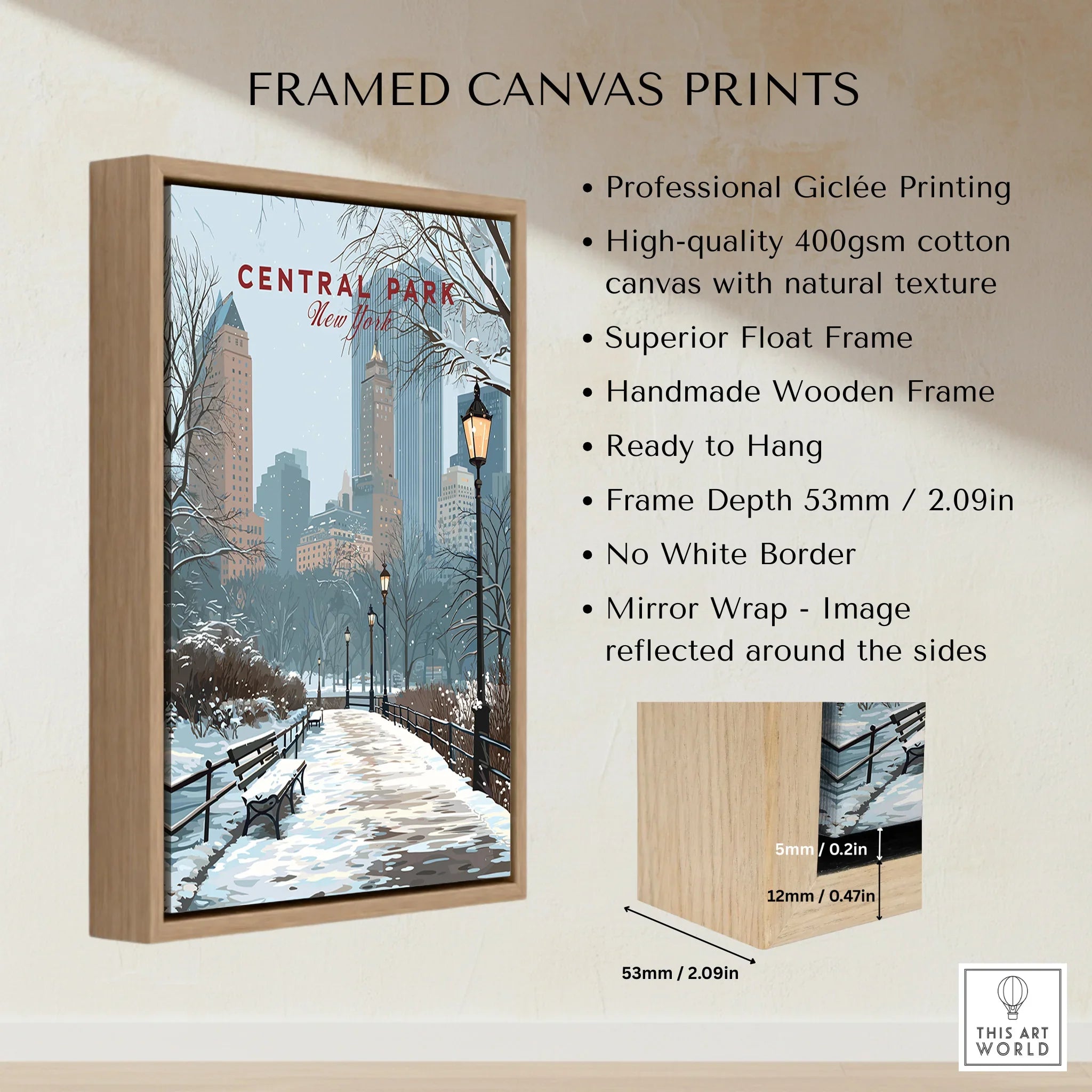 Framed canvas print of Central Park winter scene with skyline, float frame details displayed