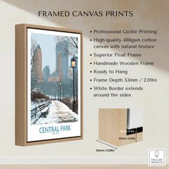 Framed Central Park canvas print with snowy path, city skyline, and premium wood float frame.