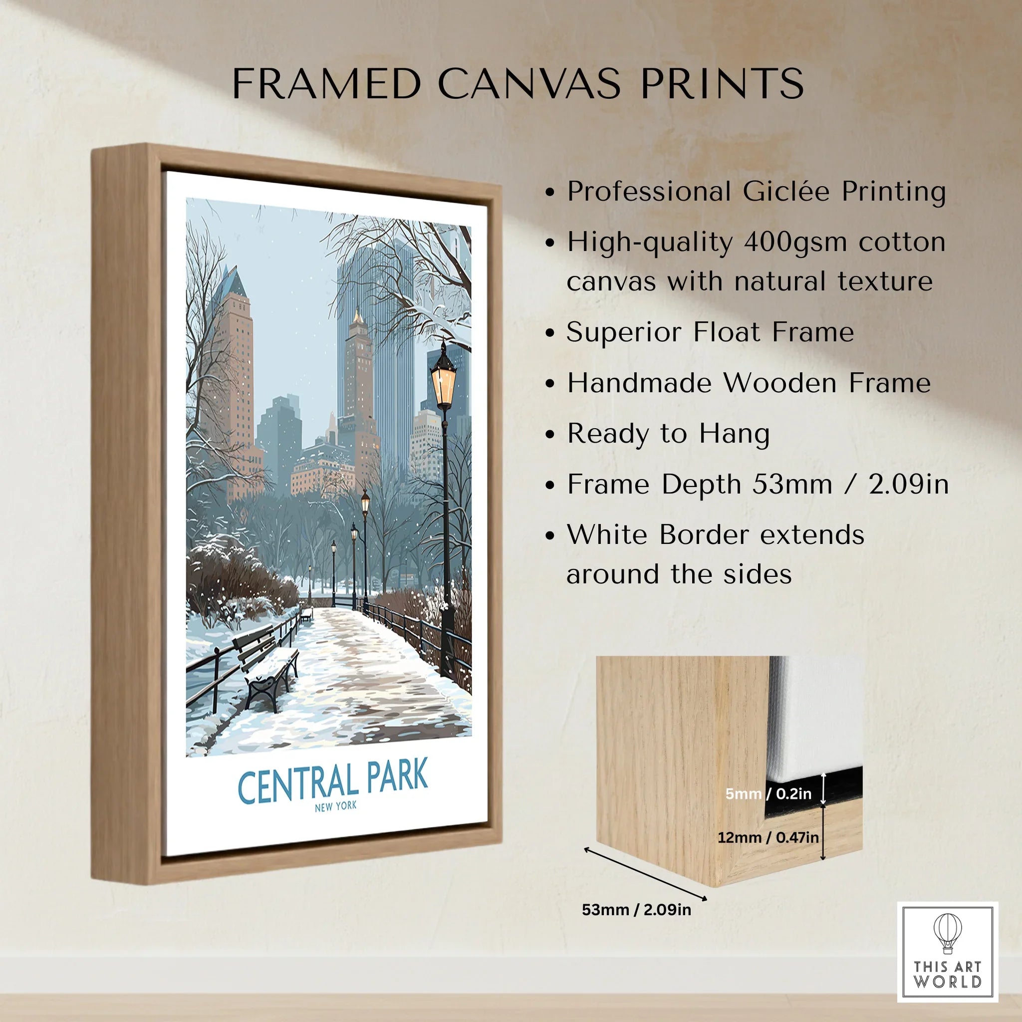 Framed Central Park canvas print with snowy path, city skyline, and premium wood float frame.