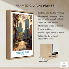 Framed Central Park canvas print with float frame, autumn path, benches, skyline art