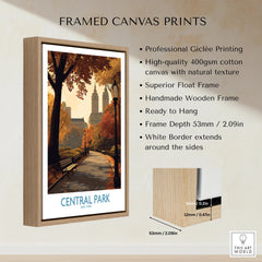 Central Park autumn travel poster in a wood float frame, canvas wall art details shown