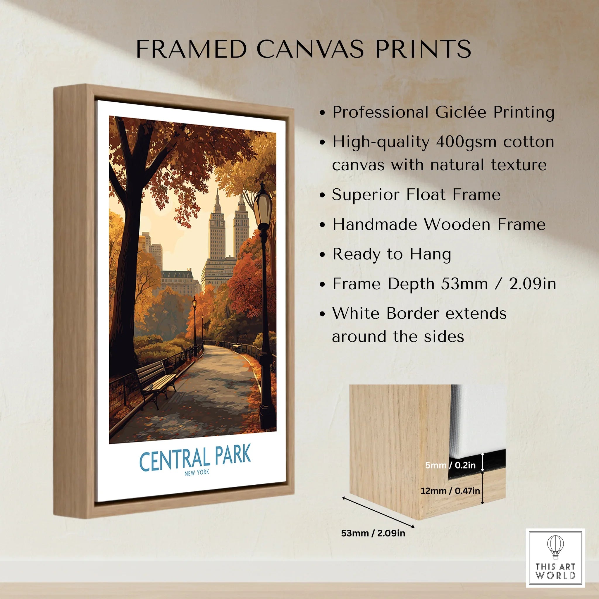 Central Park autumn travel poster in a wood float frame, canvas wall art details shown