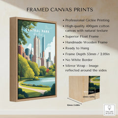 Framed Central Park New York canvas wall art with handmade wooden float frame details