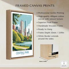 Framed canvas print of Central Park skyline with float frame and wood finish, wall art decor.