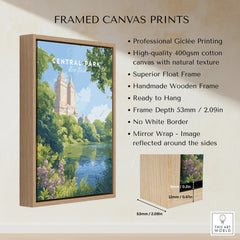 Framed Central Park New York canvas print with float frame and art print details on wall.