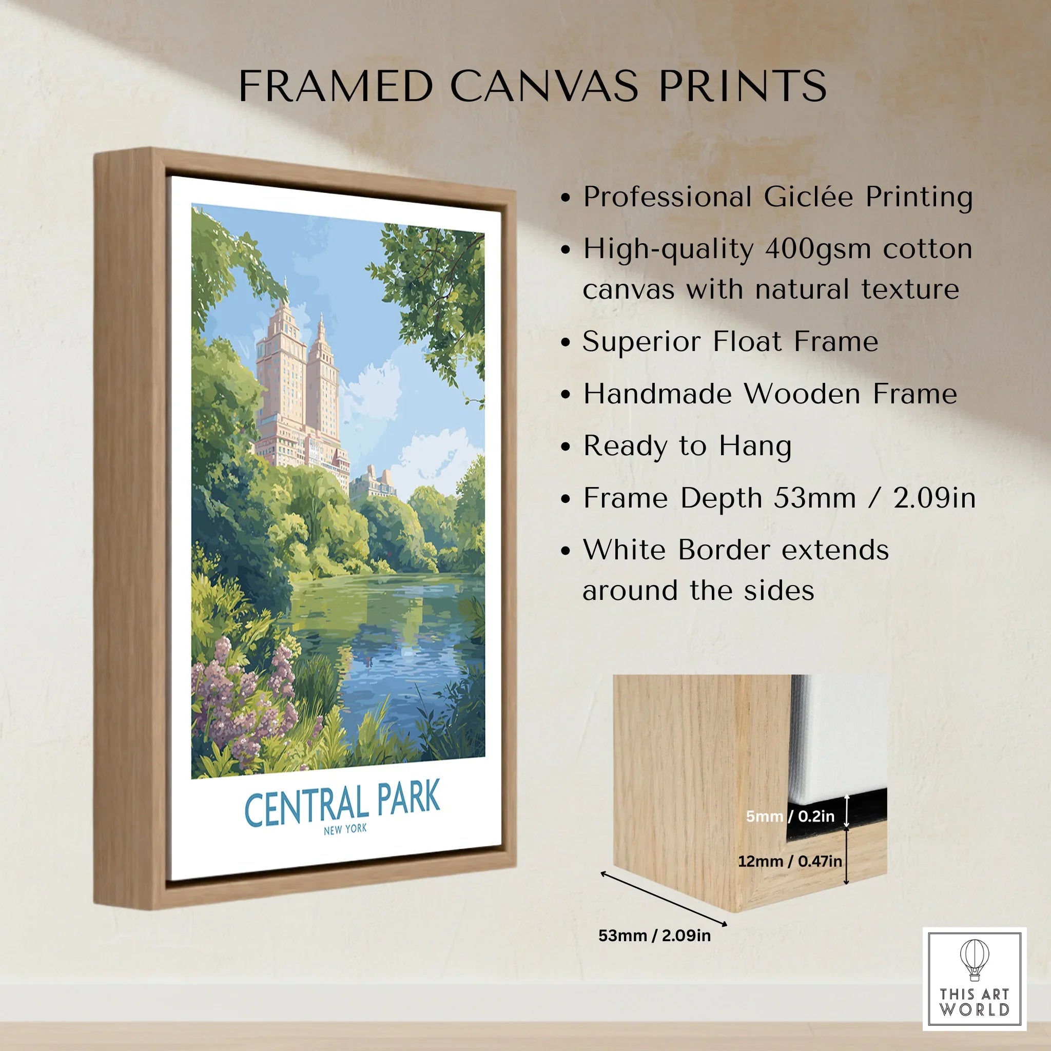 Central Park New York skyline art print in handmade wooden float frame, wall decor details