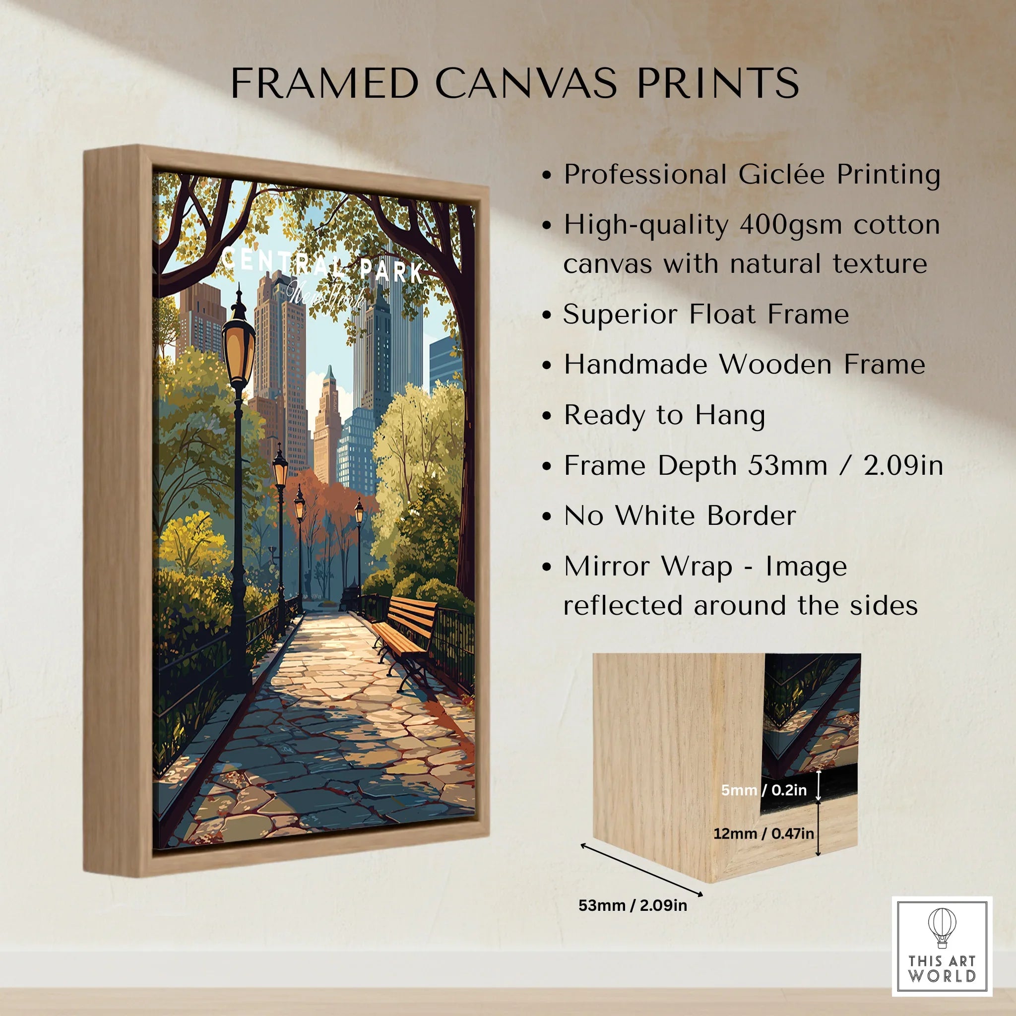 Framed canvas wall art print of a Central Park cityscape with float frame and bench view