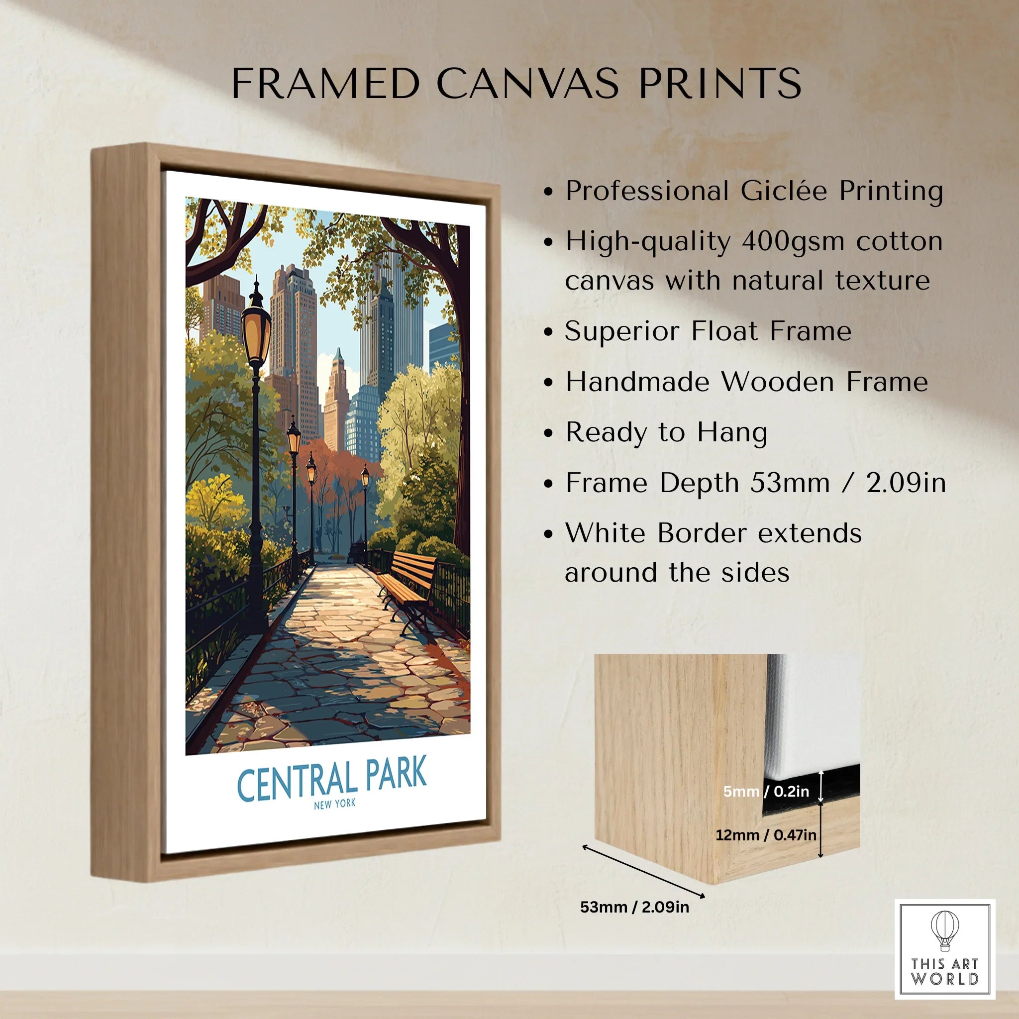 Framed Central Park canvas print with float frame, cityscape art, wall decor details shown