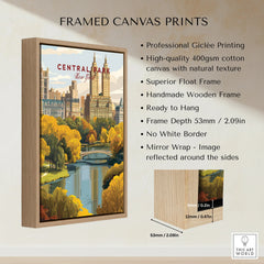 Framed Central Park New York canvas print with float frame and cotton canvas details