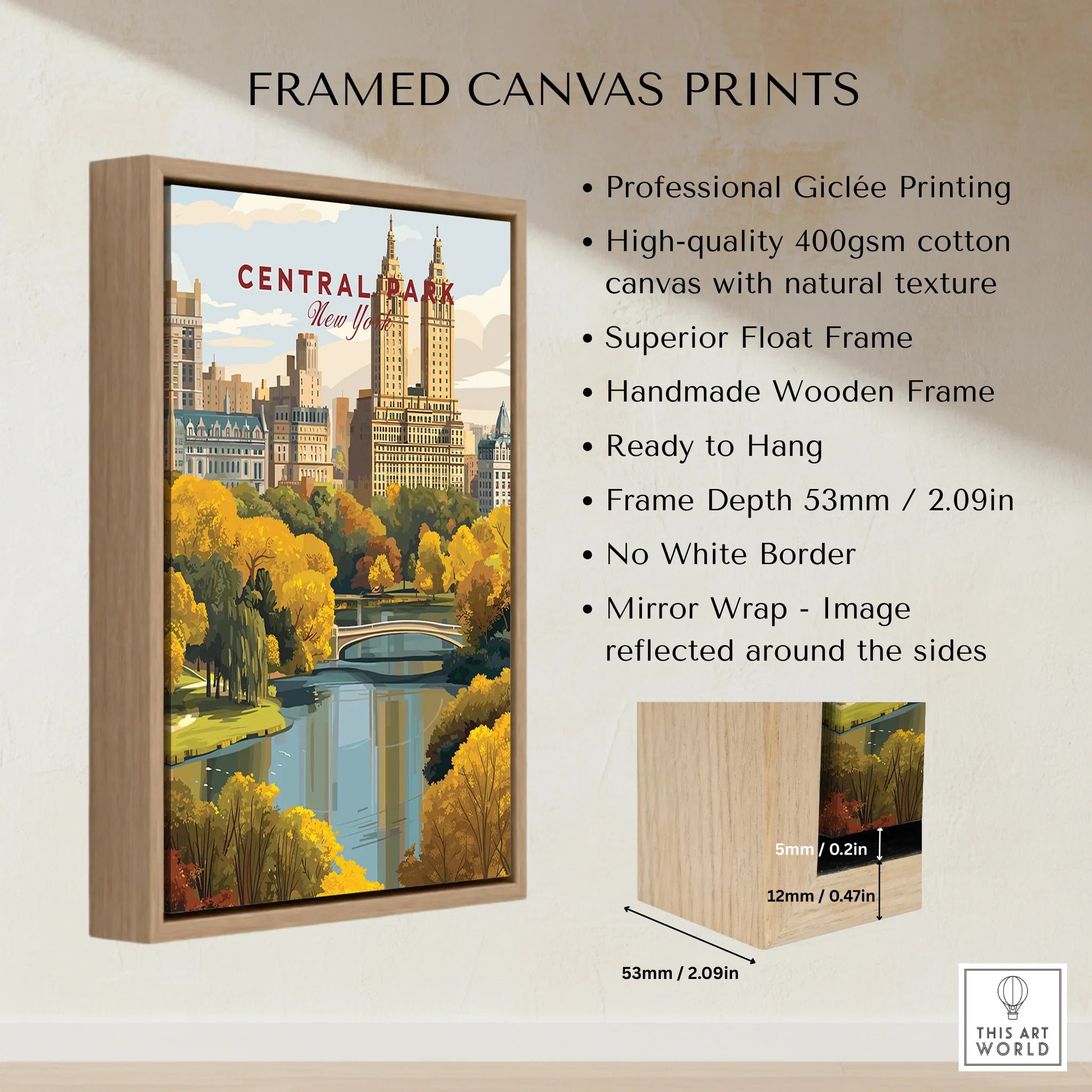 Framed Central Park New York canvas print with float frame and cotton canvas details