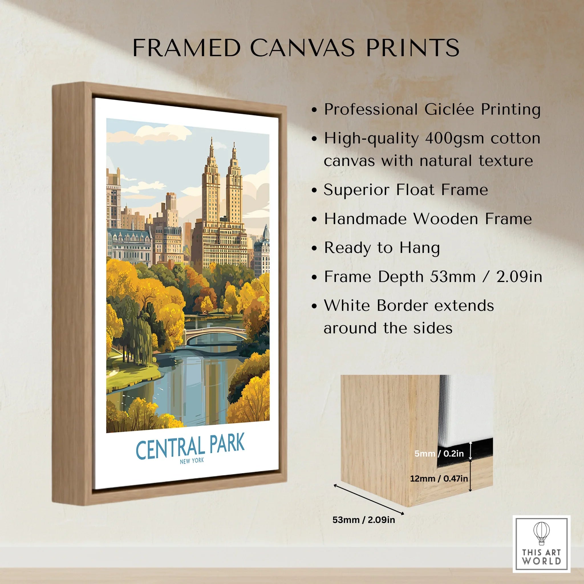 Framed canvas print of Central Park New York skyline with float frame and autumn trees