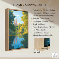 Framed canvas print of Central Park New York with float frame and wall art specifications.