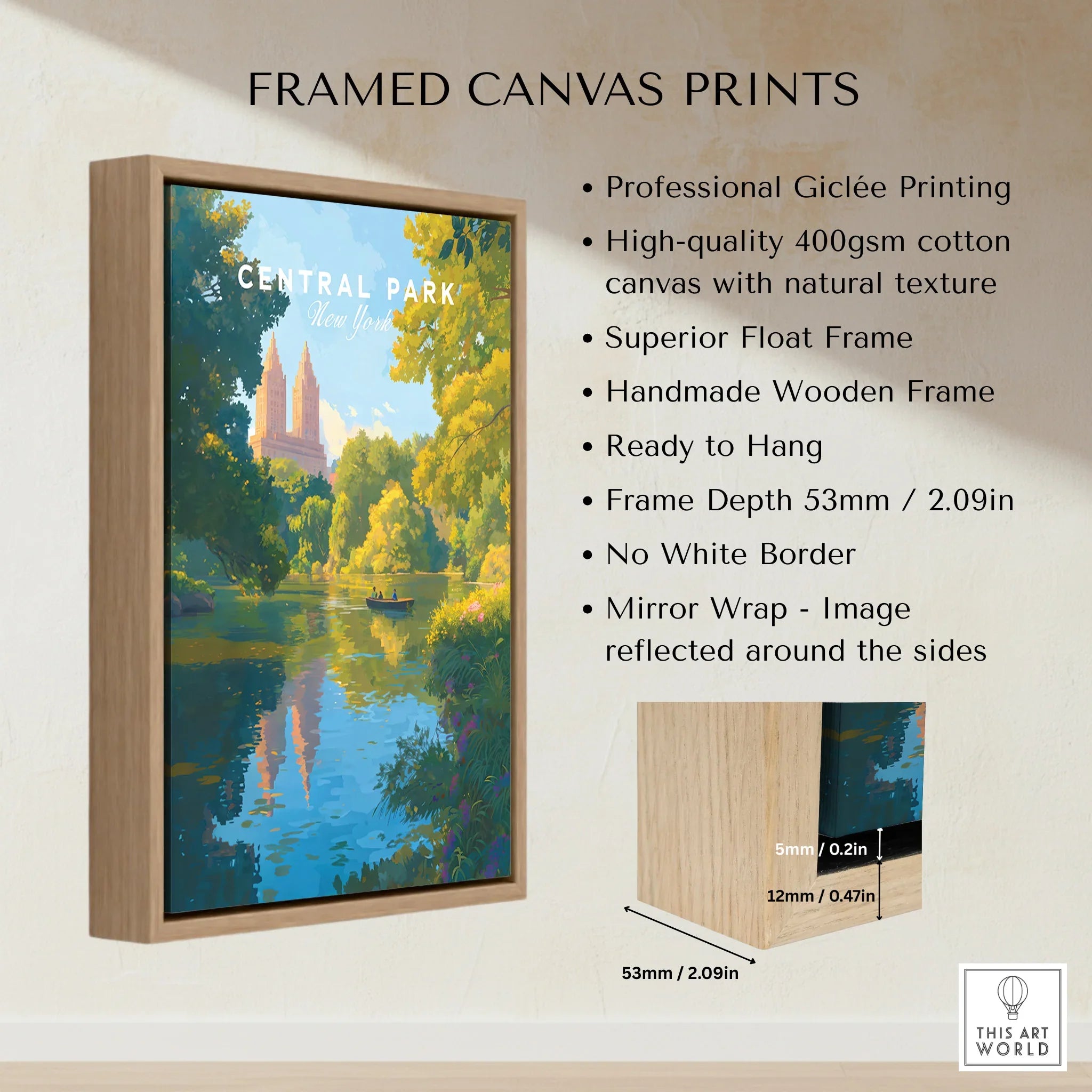 Framed canvas print of Central Park New York with float frame and wall art specifications.
