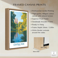 Framed Central Park New York canvas print with float frame and detailed frame features listed.