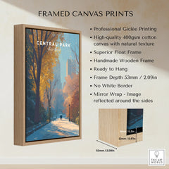 Central Park New York autumn framed canvas print with float frame and wall art details