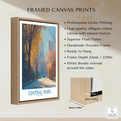 Framed Central Park canvas print with float frame, autumn city skyline wall art, home decor