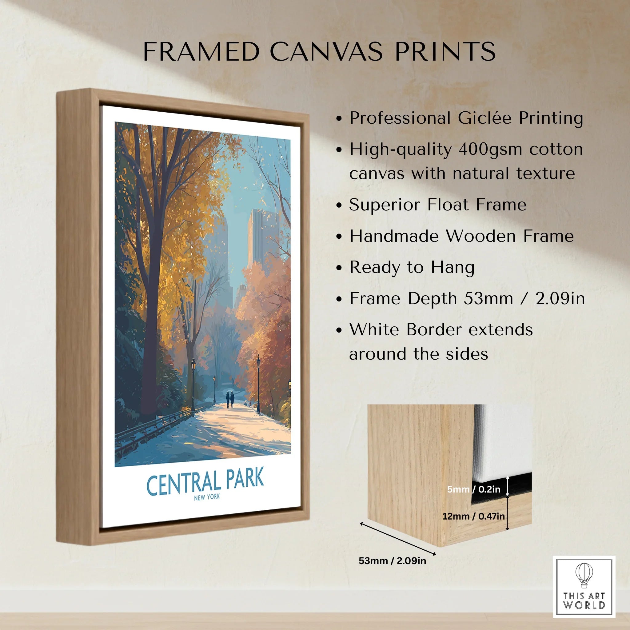 Framed Central Park canvas print with float frame, autumn city skyline wall art, home decor