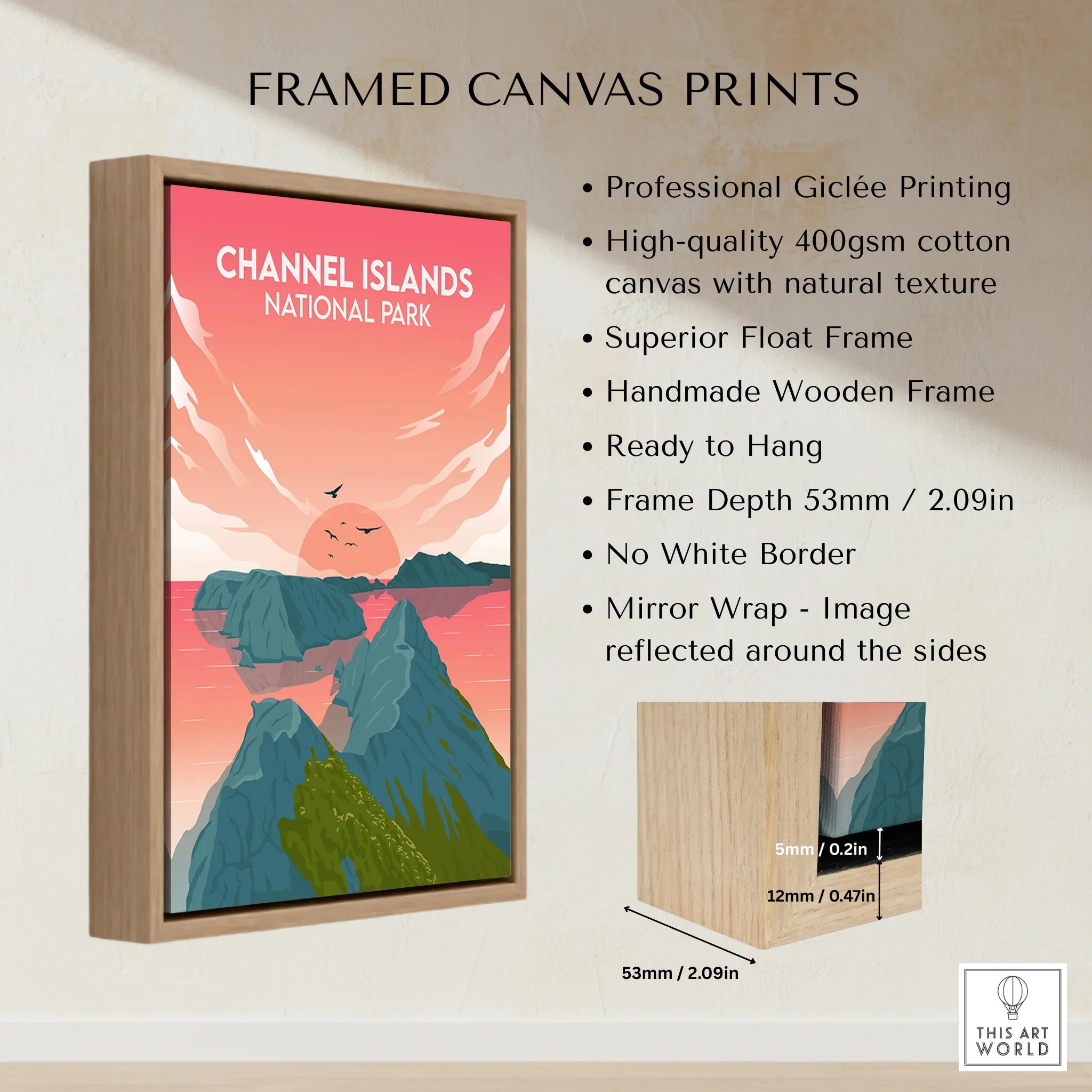 Framed canvas print of Channel Islands National Park with sunset coastal artwork in wooden float frame