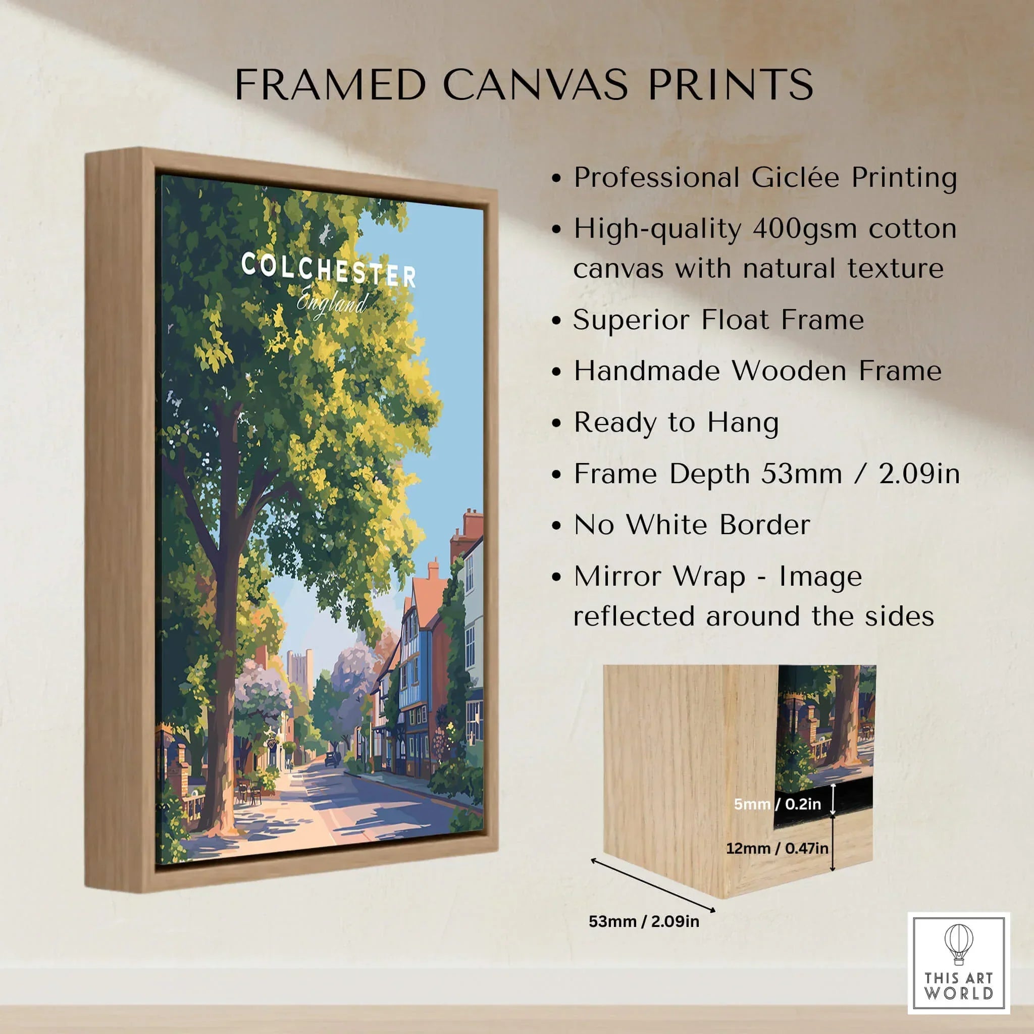 Framed Colchester England canvas print with wooden float frame and quality details list