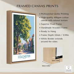 Framed Colchester England art print with wooden float frame and canvas texture details