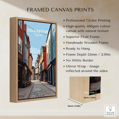 Framed Colchester England canvas print with float frame and street illustration, home decor wall art