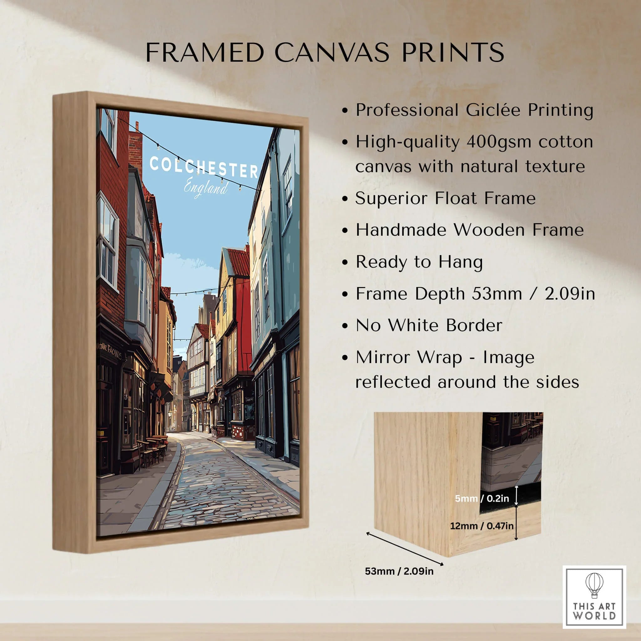 Framed Colchester England canvas print with float frame and street illustration, home decor wall art