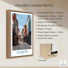 Framed canvas print of Colchester street illustration with float frame and product details.