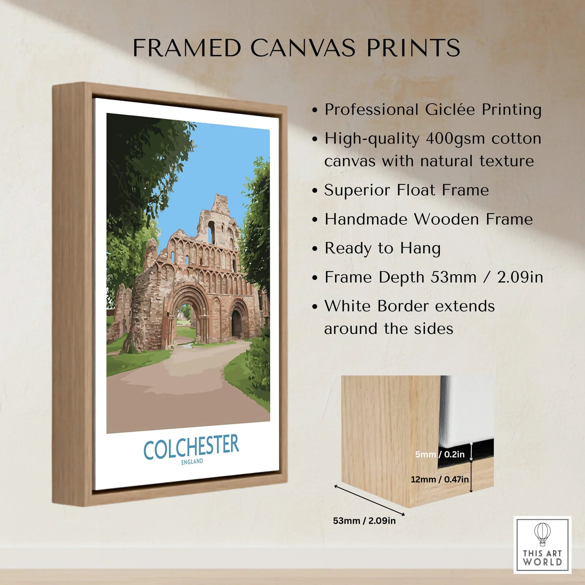 Framed Colchester England canvas print with float frame, art poster wall decor details