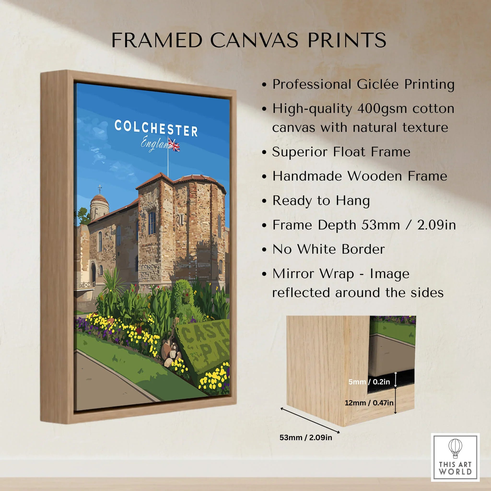 Framed canvas print featuring Colchester England artwork with handmade wooden float frame and wall art details.