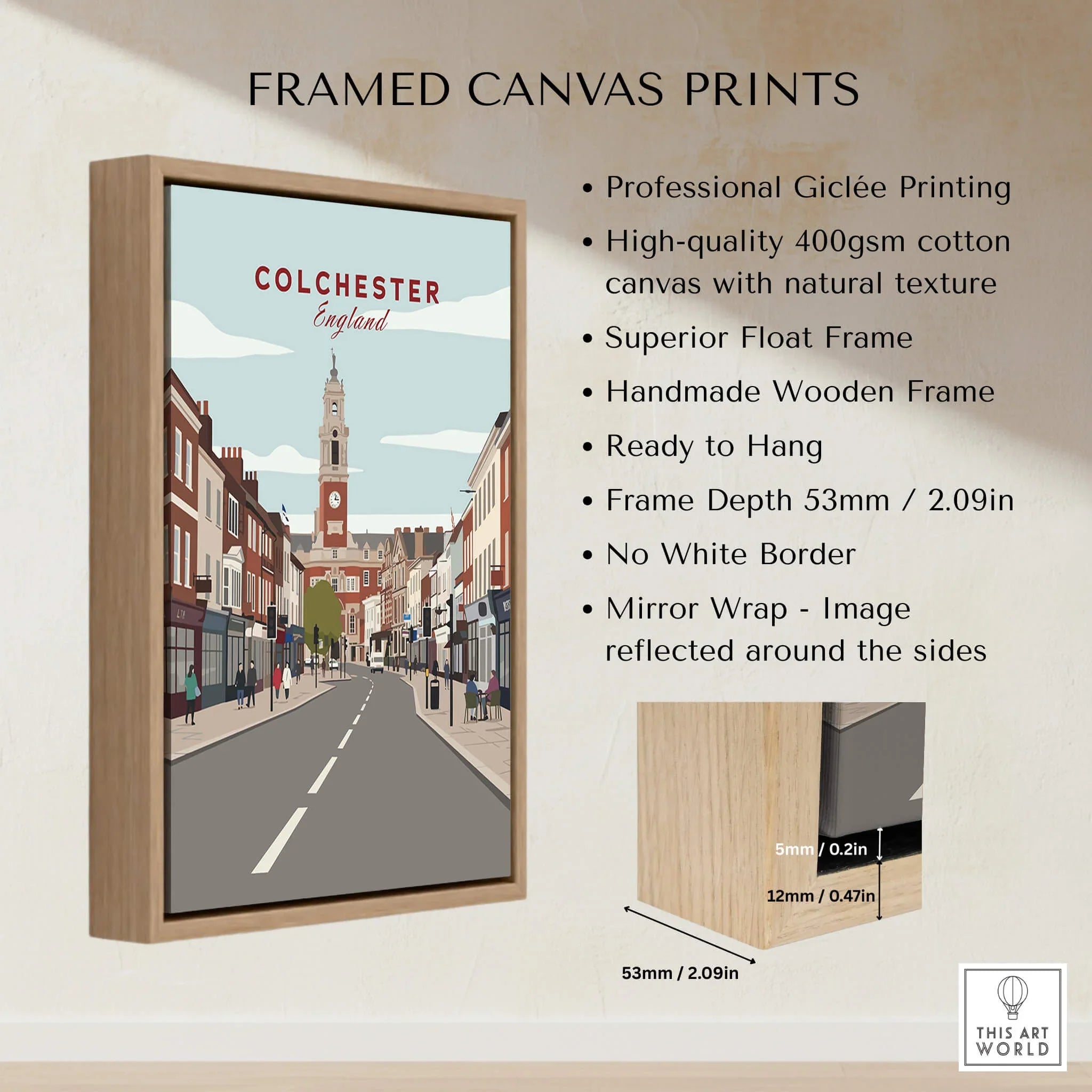 Framed Colchester travel poster on wall, float frame, canvas art print details shown.