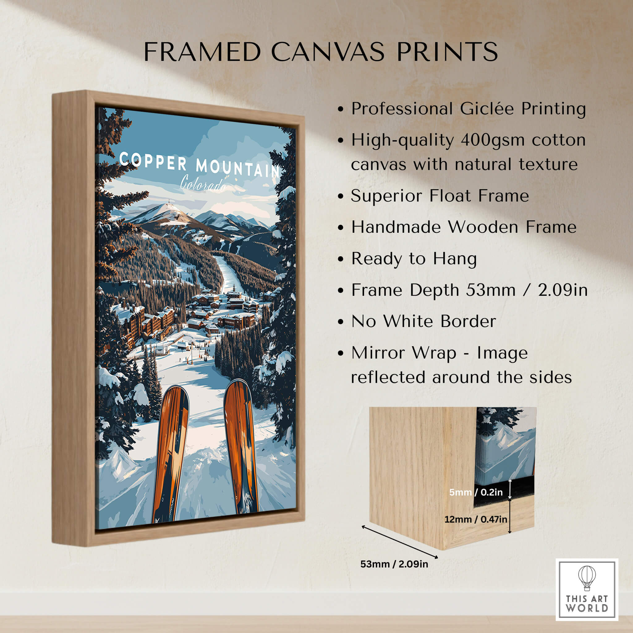 Copper Mountain Ski Print framed canvas artwork showcasing snowy slopes and vibrant mountain scenery.