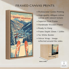 Copper Mountain Travel Poster – Sunset Ski Slopes framed canvas print with wooden frame and mountain landscape.