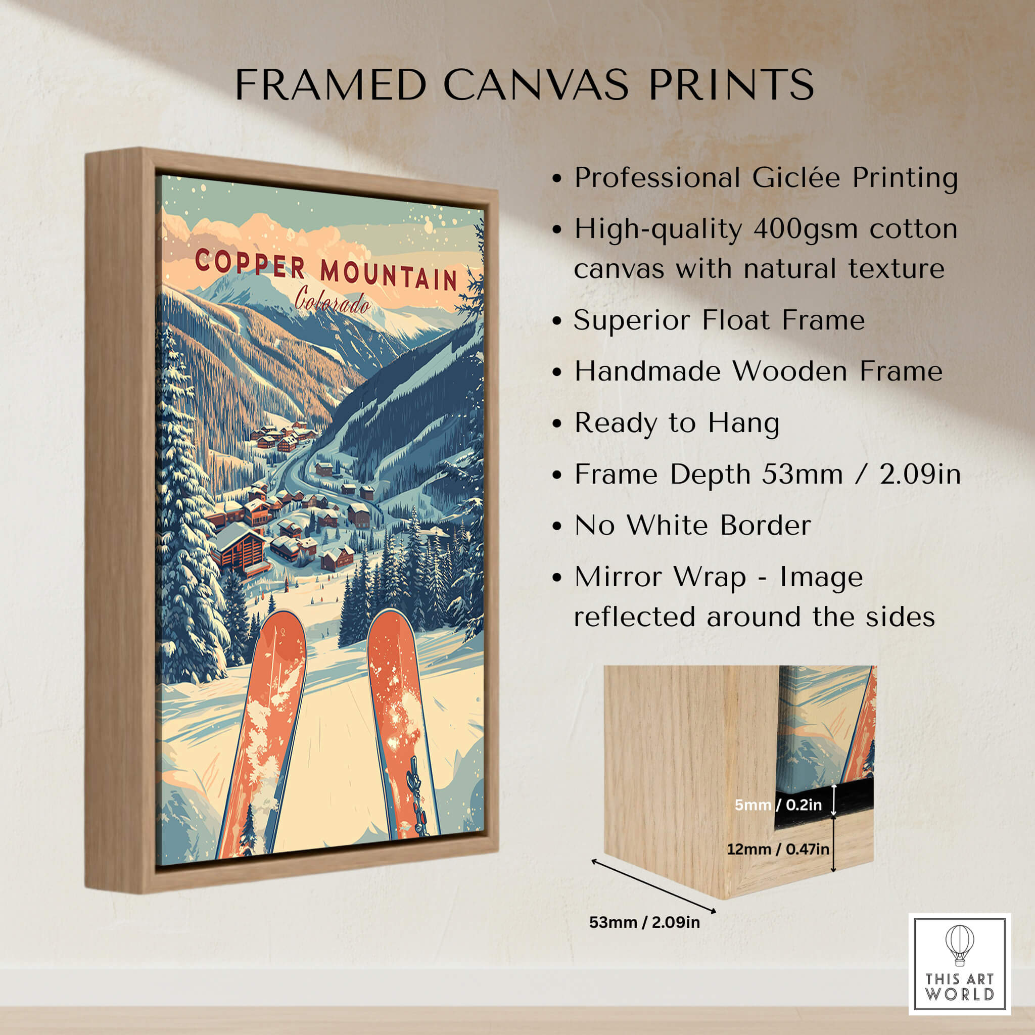 Copper Mountain Travel Poster – Sunset Ski Slopes framed canvas print with wooden frame and mountain landscape.