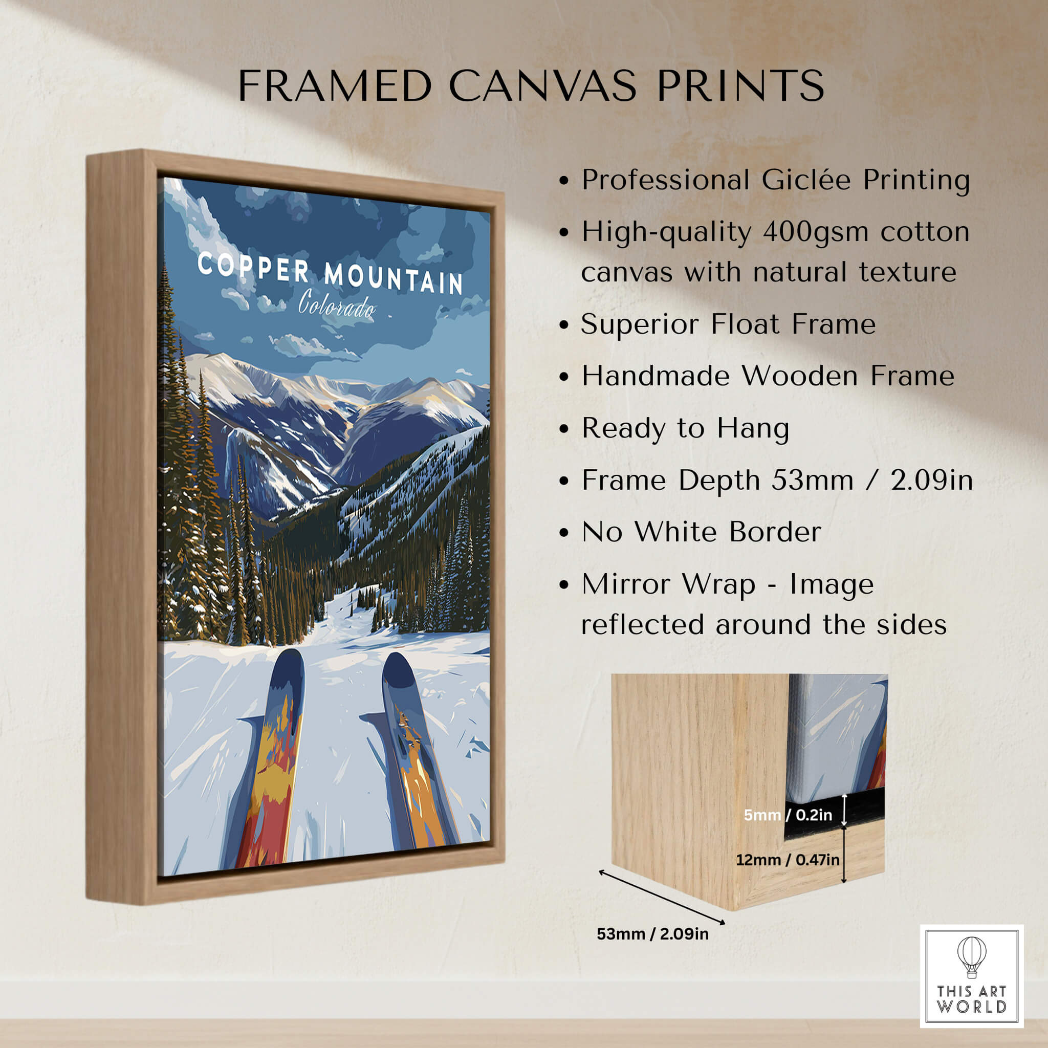 Ski Print Copper Mountain Colorado framed canvas artwork highlighting alpine adventure.
