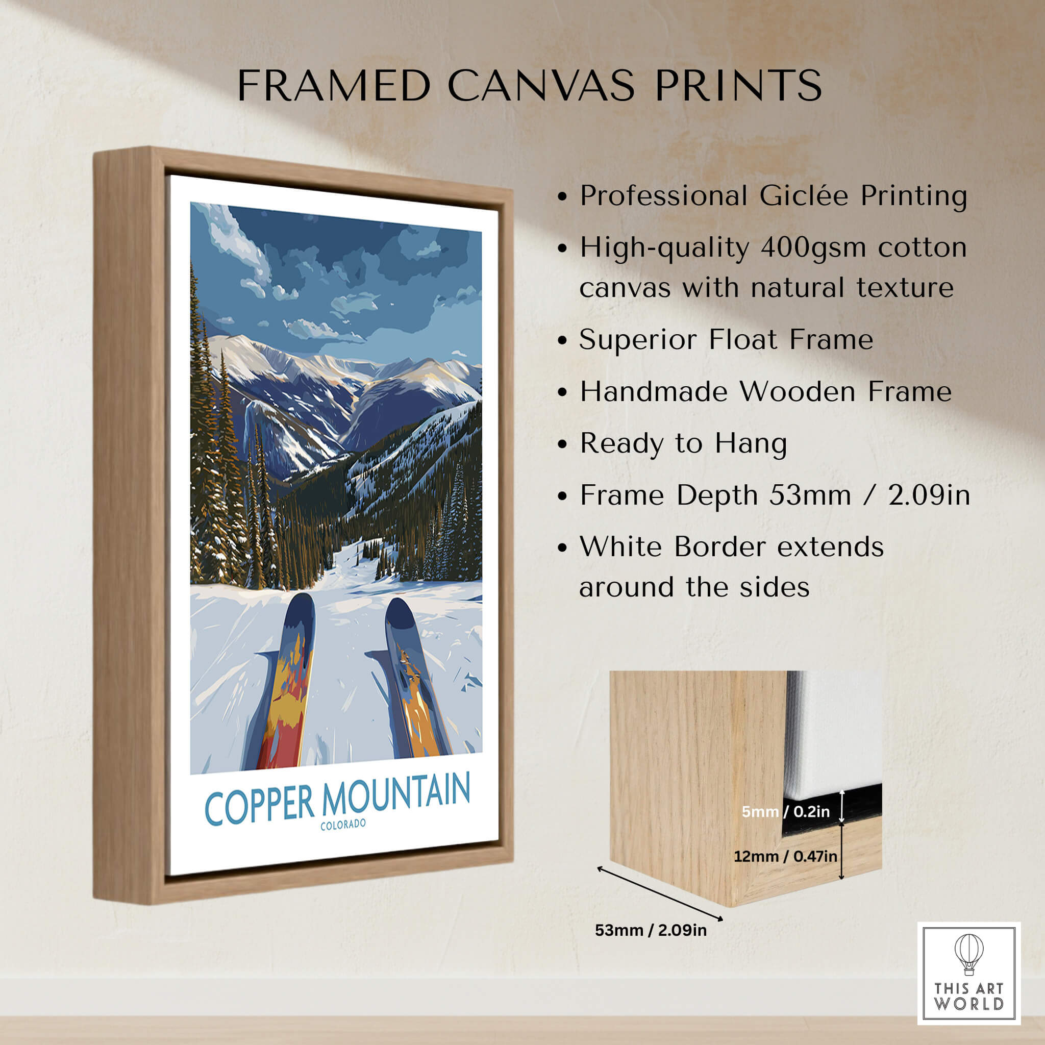 Copper Mountain Colorado Wall Art – Snowy Peak Winter Sports Print displayed in a framed canvas, showcasing winter sports scenery.