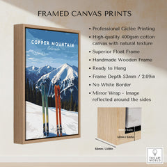 Copper Mountain Travel Poster – Colorado Mountain Summit & Ski Art Print framed canvas print showcasing Colorado peaks and skis.