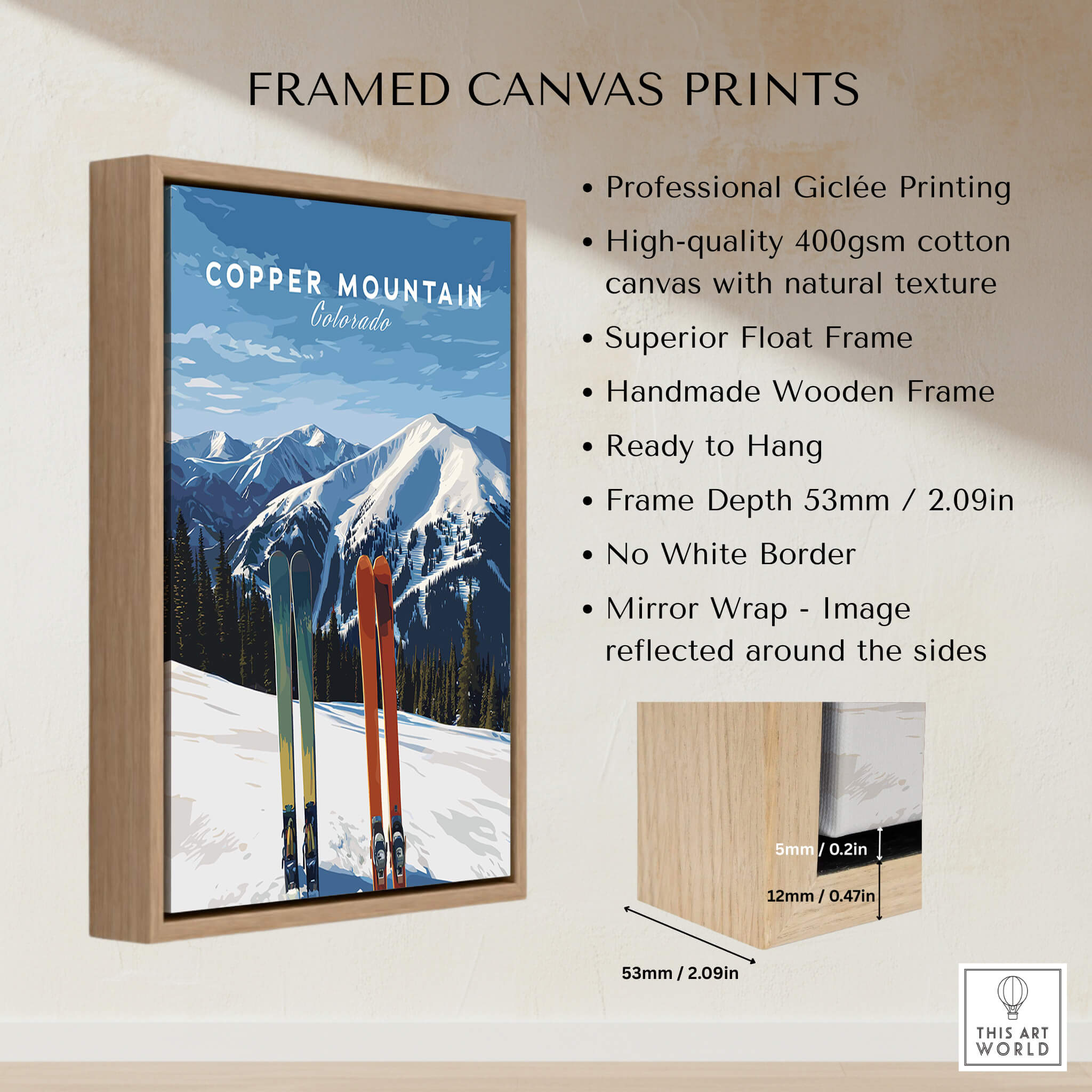 Copper Mountain Travel Poster – Colorado Mountain Summit & Ski Art Print framed canvas print showcasing Colorado peaks and skis.