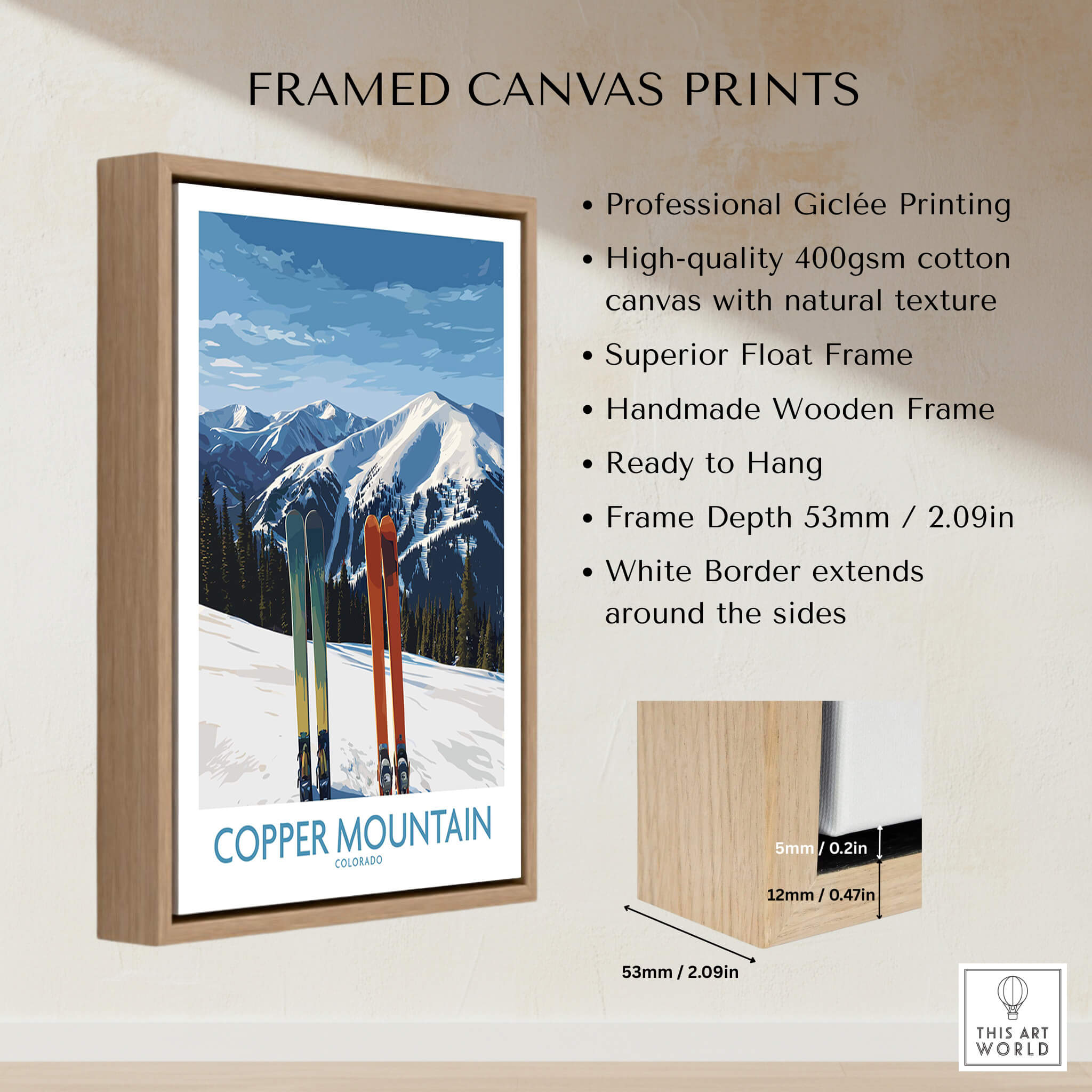 Copper Mountain Ski Wall Art Ski Print featuring framed canvas print with colorful ski design and mountain backdrop.