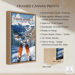 Copper Mountain Ski Poster – Winter Ski Village & Snowy Mountain Art in a handmade wooden frame.