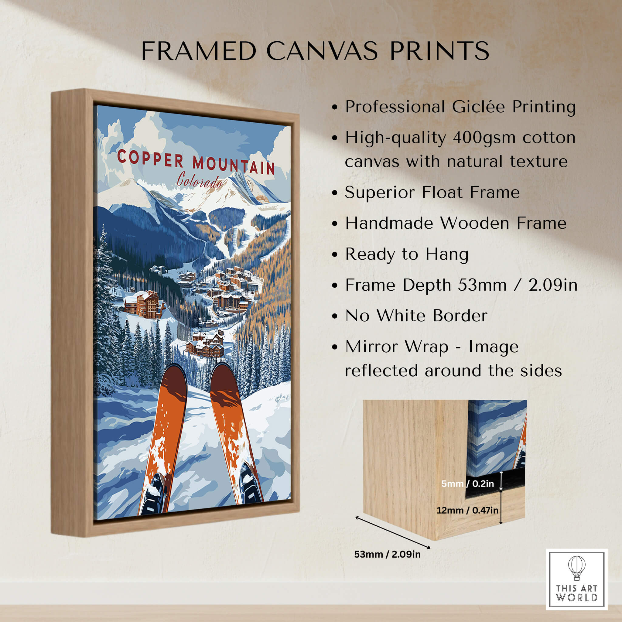 Copper Mountain Ski Poster – Winter Ski Village & Snowy Mountain Art in a handmade wooden frame.