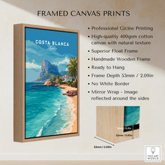 Costa Blanca Spain Travel Art – Mediterranean Village & Turquoise Sea Landscape Poster framed canvas print details.